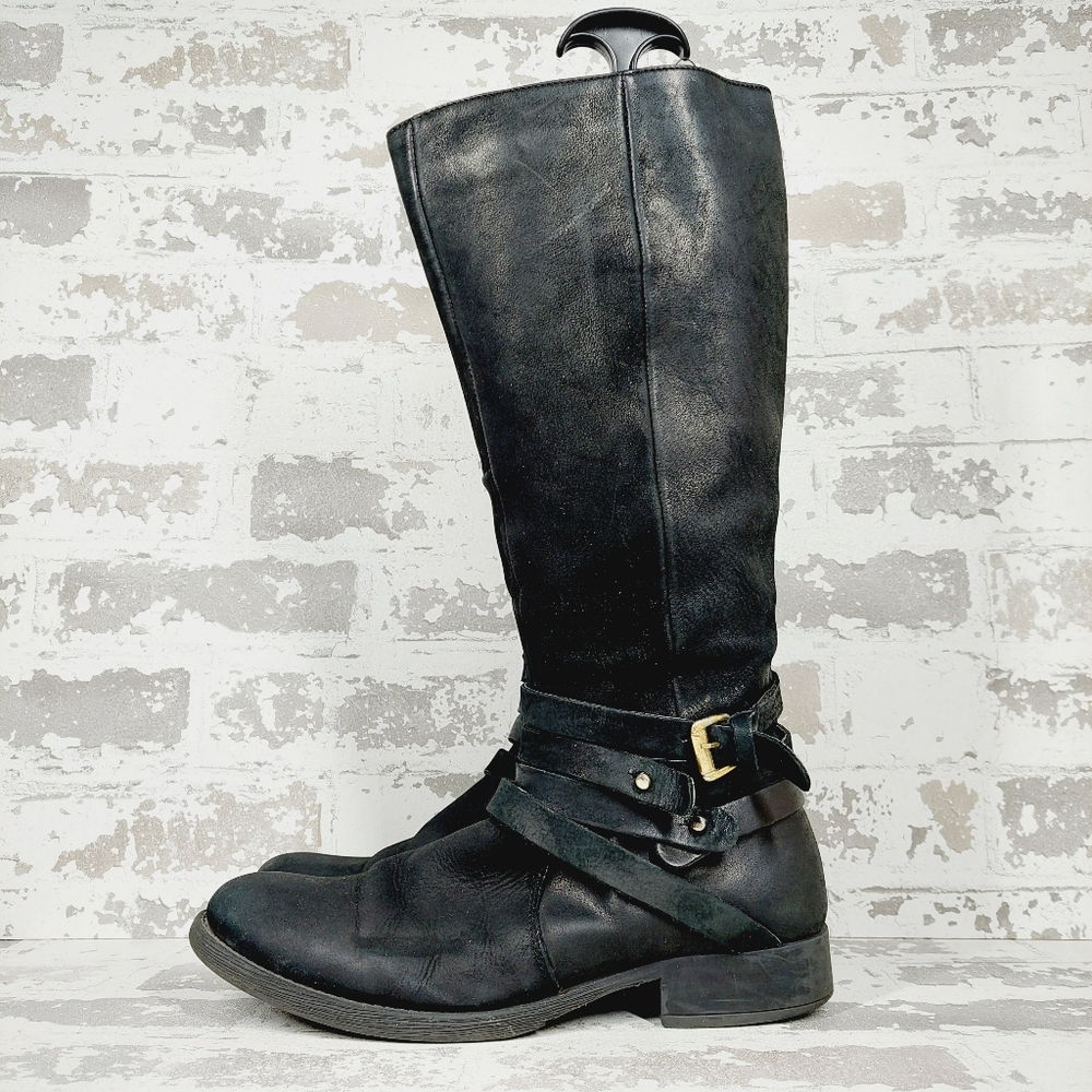 Steve Madden Albany Black Leather Buckle Detail Moto Boots K450